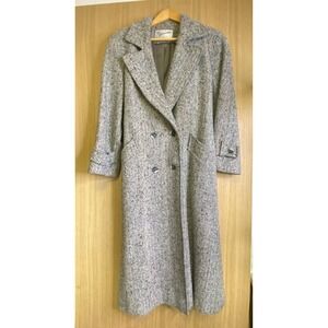 Vintage Fashionbilt Womens Herringbone Wool Trench Coat Gray Long Made in USA